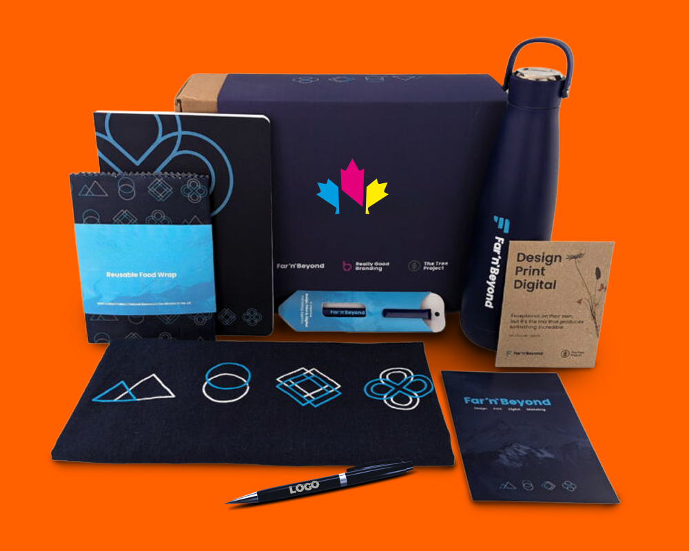 Branded promotional products including business cards, notebooks and pens